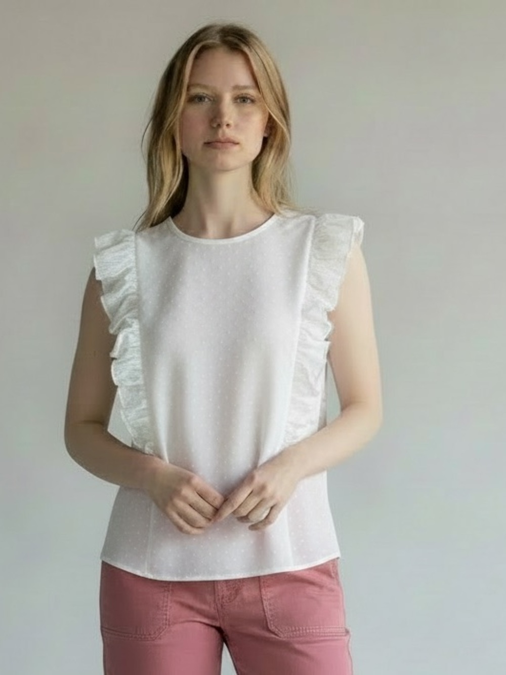 J. Crew Factory Cotton White Ruffled Sleeveless Blouse, women’s size 6
